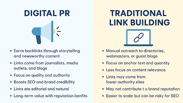 Side-by-side comparison infographic of Digital PR vs Traditional Link Building, highlighting differences in backlink strategies, content focus, and SEO impact.